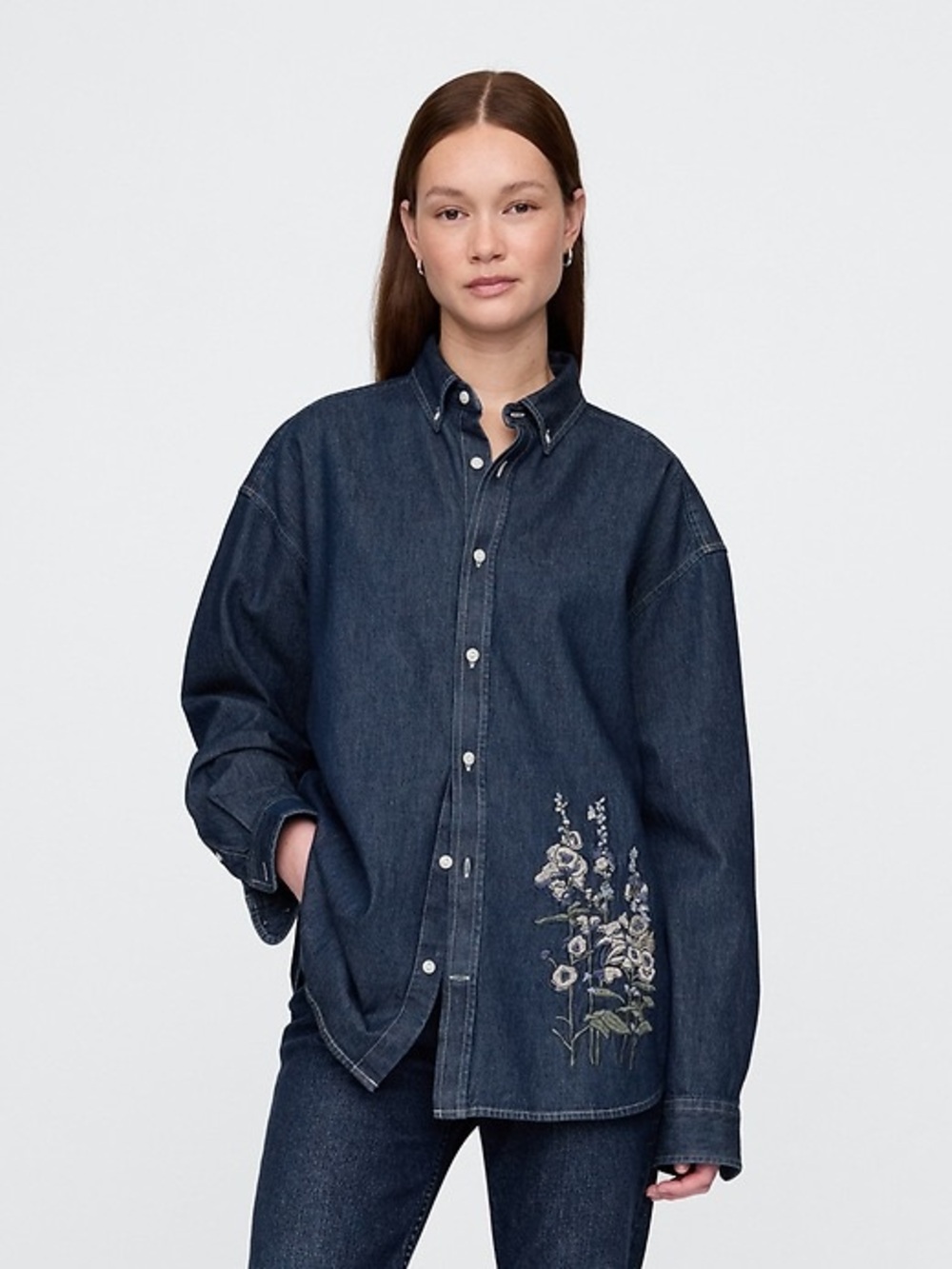 GAP Embroidered Denim Big Shirt Blue Floral Cotton Long Sleeve Button Down